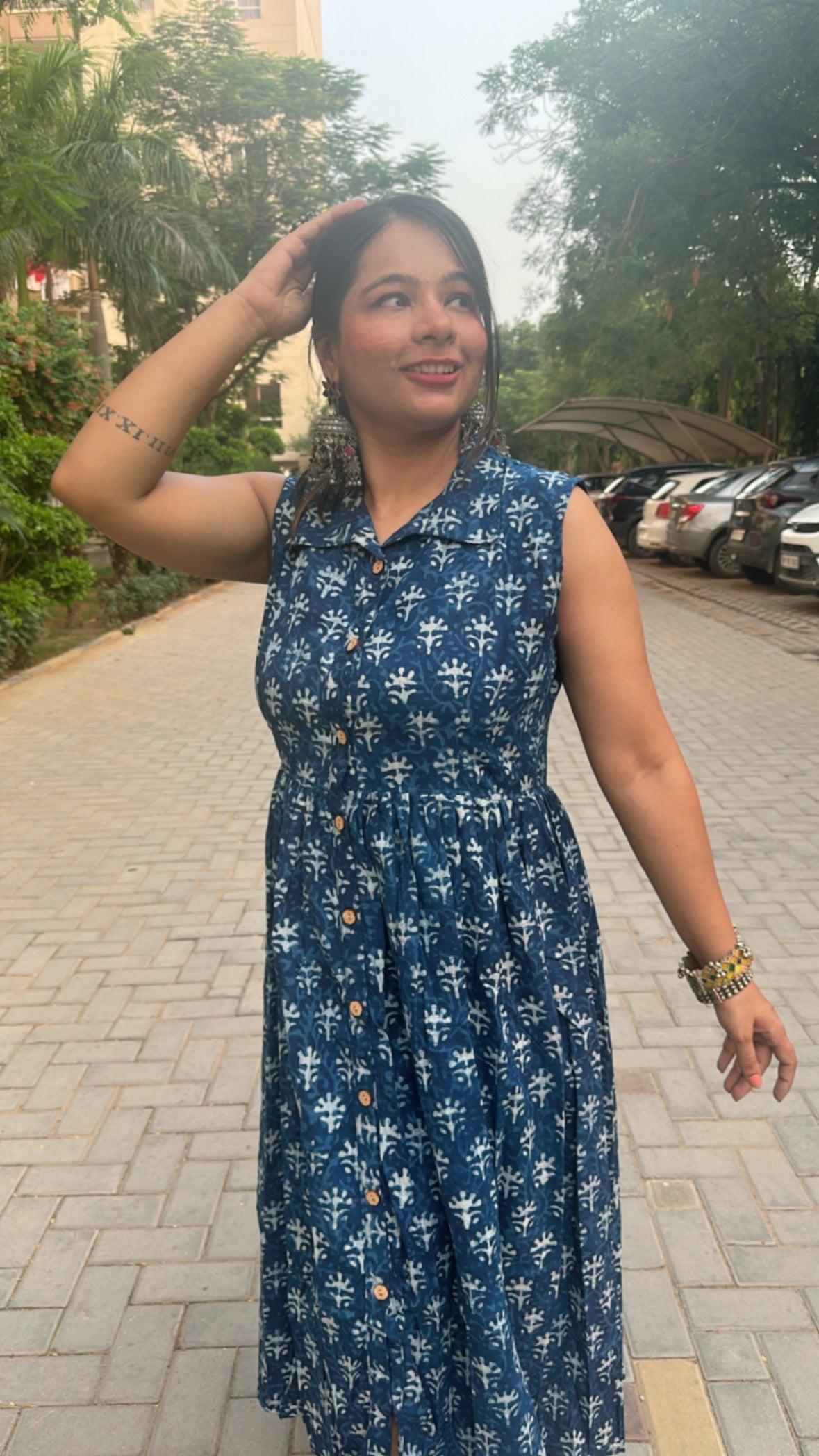 Indigo Blue Hand-Block Printed Cotton Dress