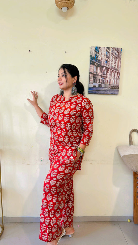 Royal Red Coord set with Flower Hand-block Print