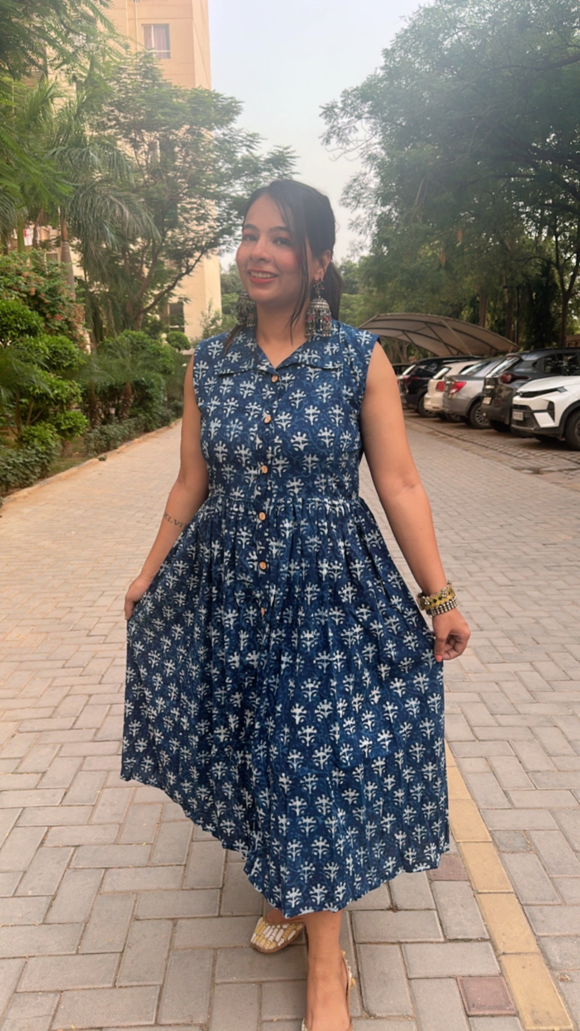 Indigo Blue Hand-Block Printed Cotton Dress