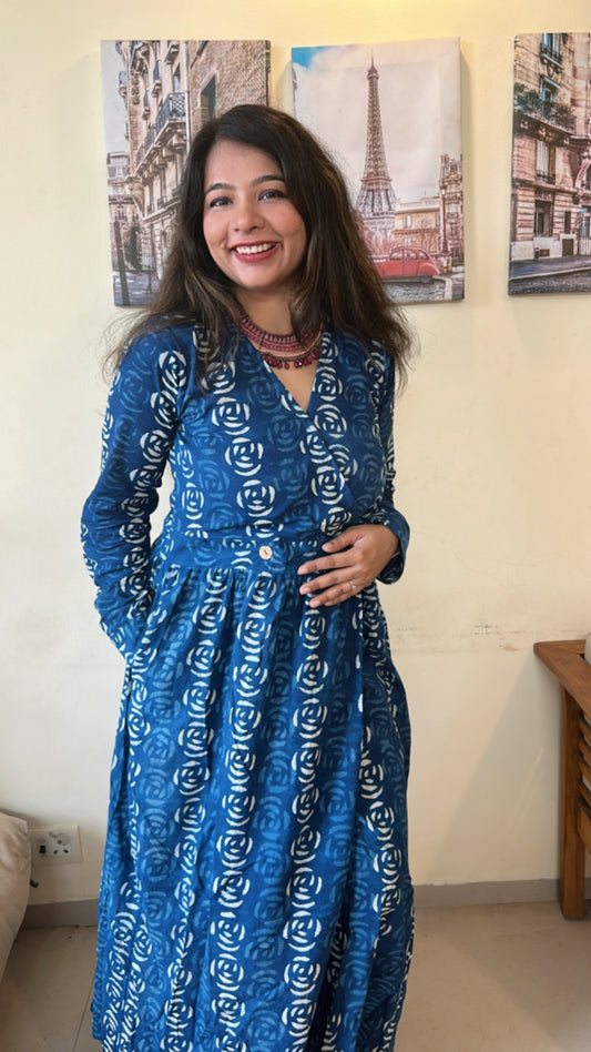 Indigo-Blue Angrakha Flower Block Printed Dress