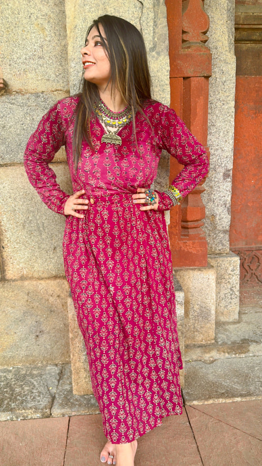 Magenta Rani Dress at Hand-Block Print