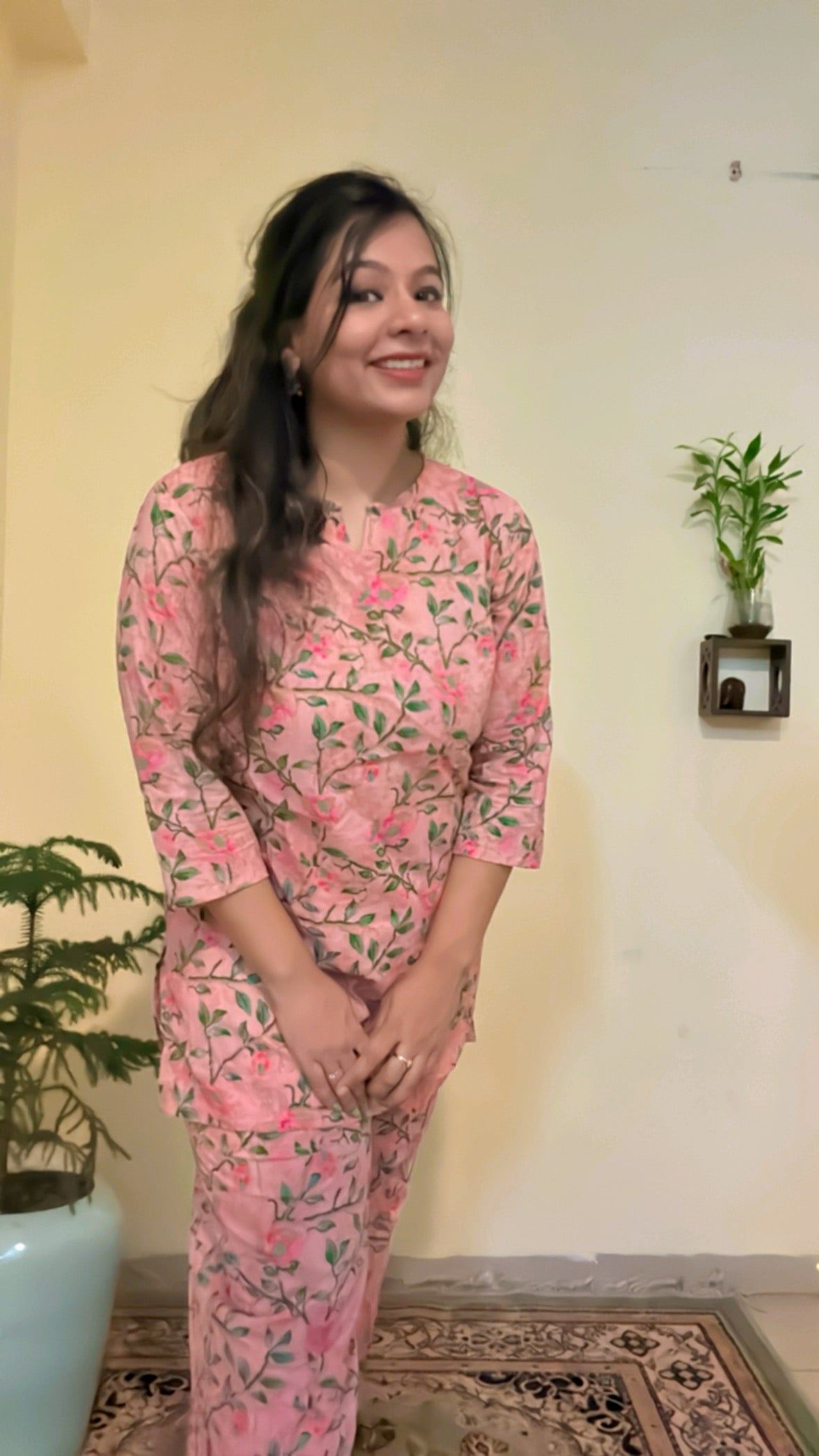 Bageecha “Baby-Pink Coord Set with Flower and Leaves Hand-block printed on it