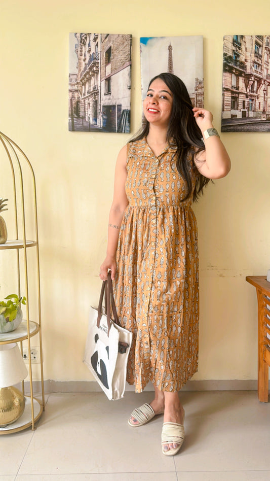 Beige dress for everyday with Handblock Machli Print on Cotton