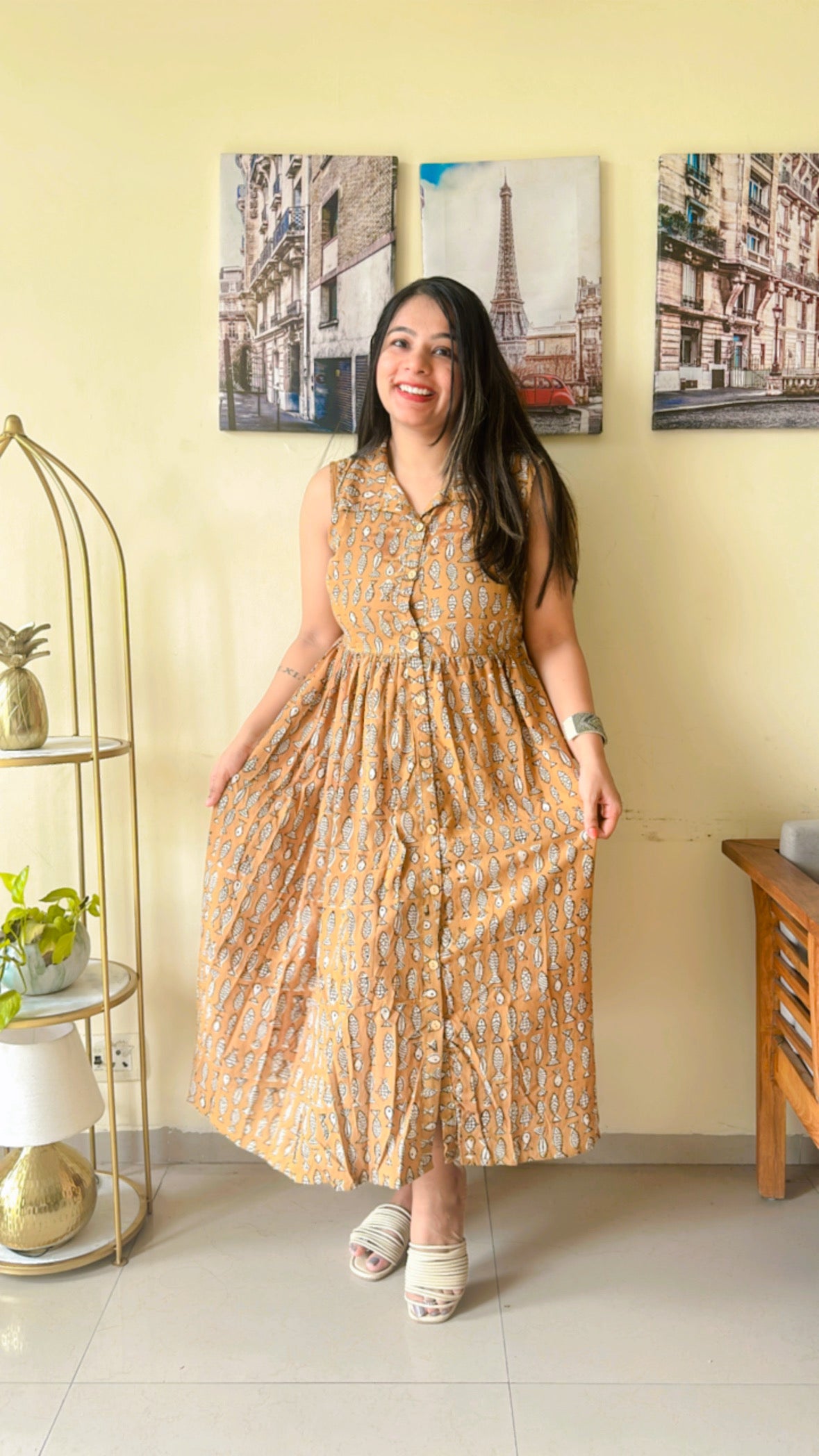 Beige dress for everyday with Handblock Machli Print on Cotton