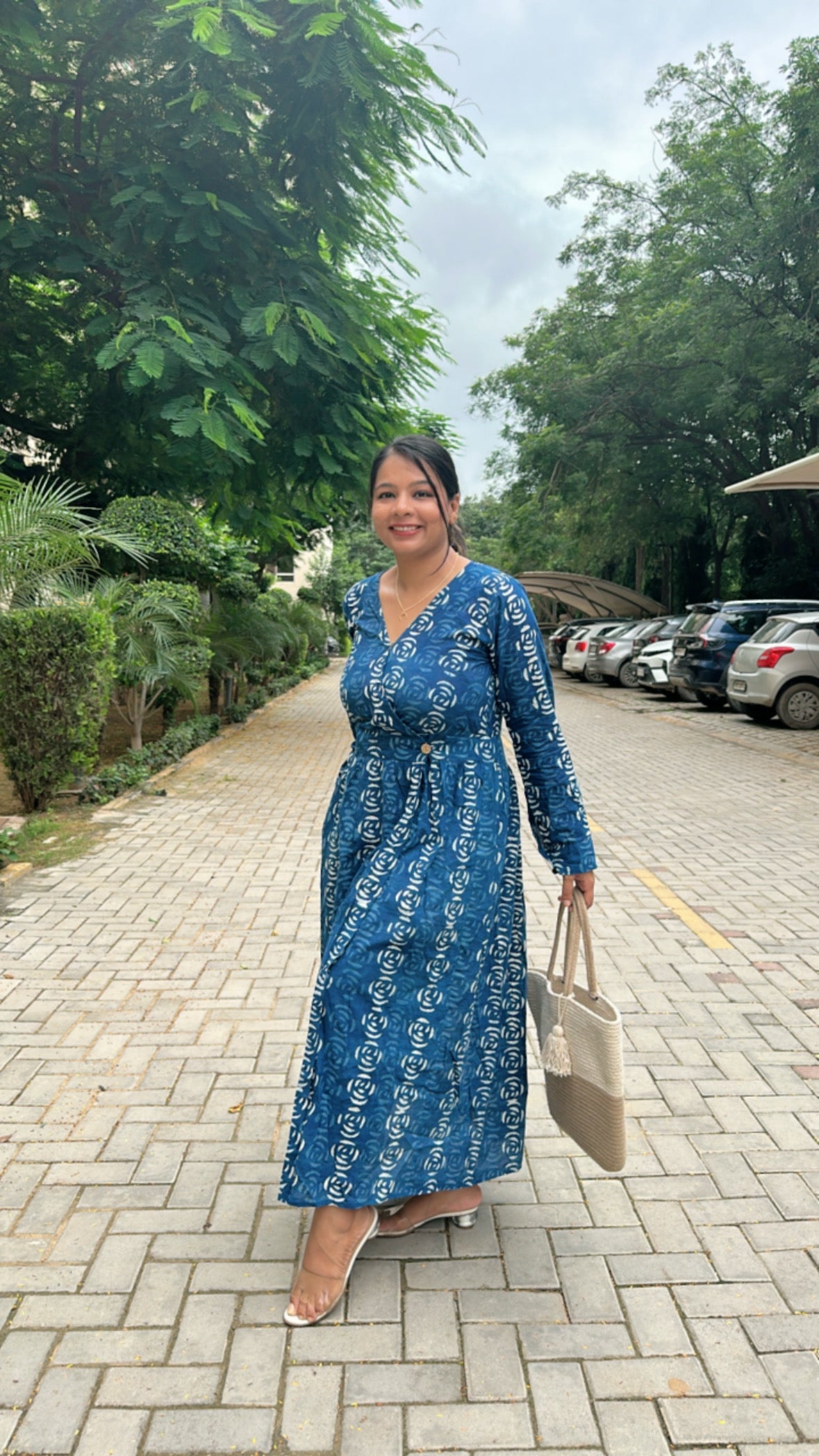 Indigo-Blue Angrakha Flower Block Printed Dress