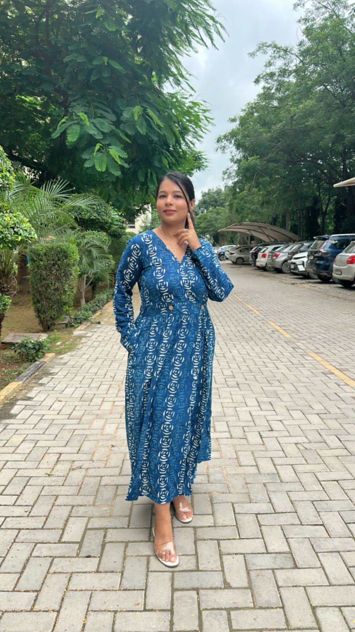 Indigo-Blue Angrakha Flower Block Printed Dress