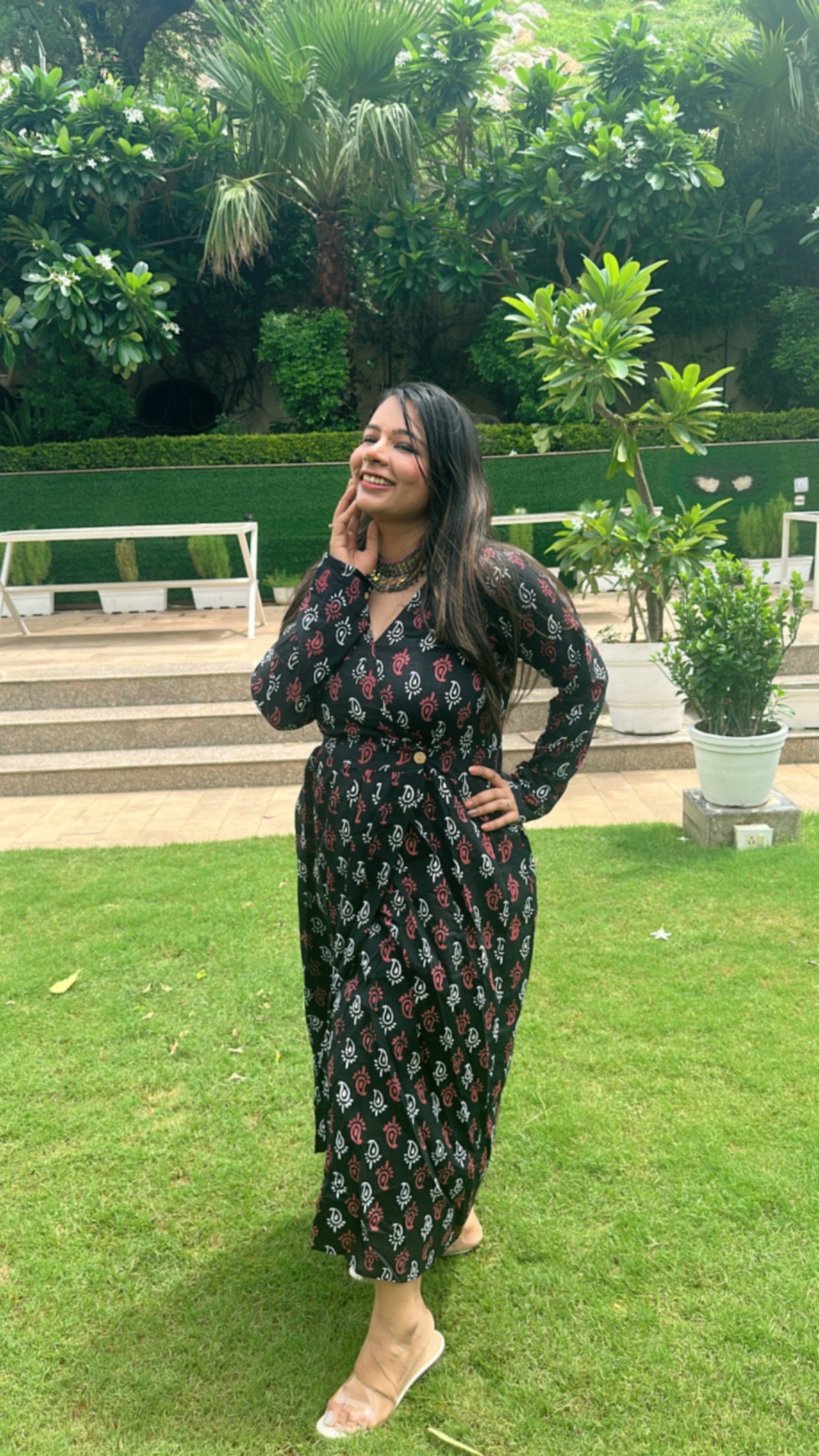 Black Dress for Vacation with Slit made with Hand-block Print and Pure Cotton
