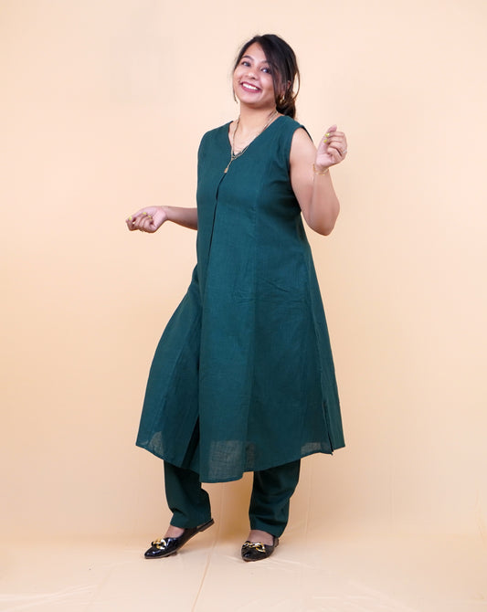 Bottle Green Pure Linen Office Wear Coord set
