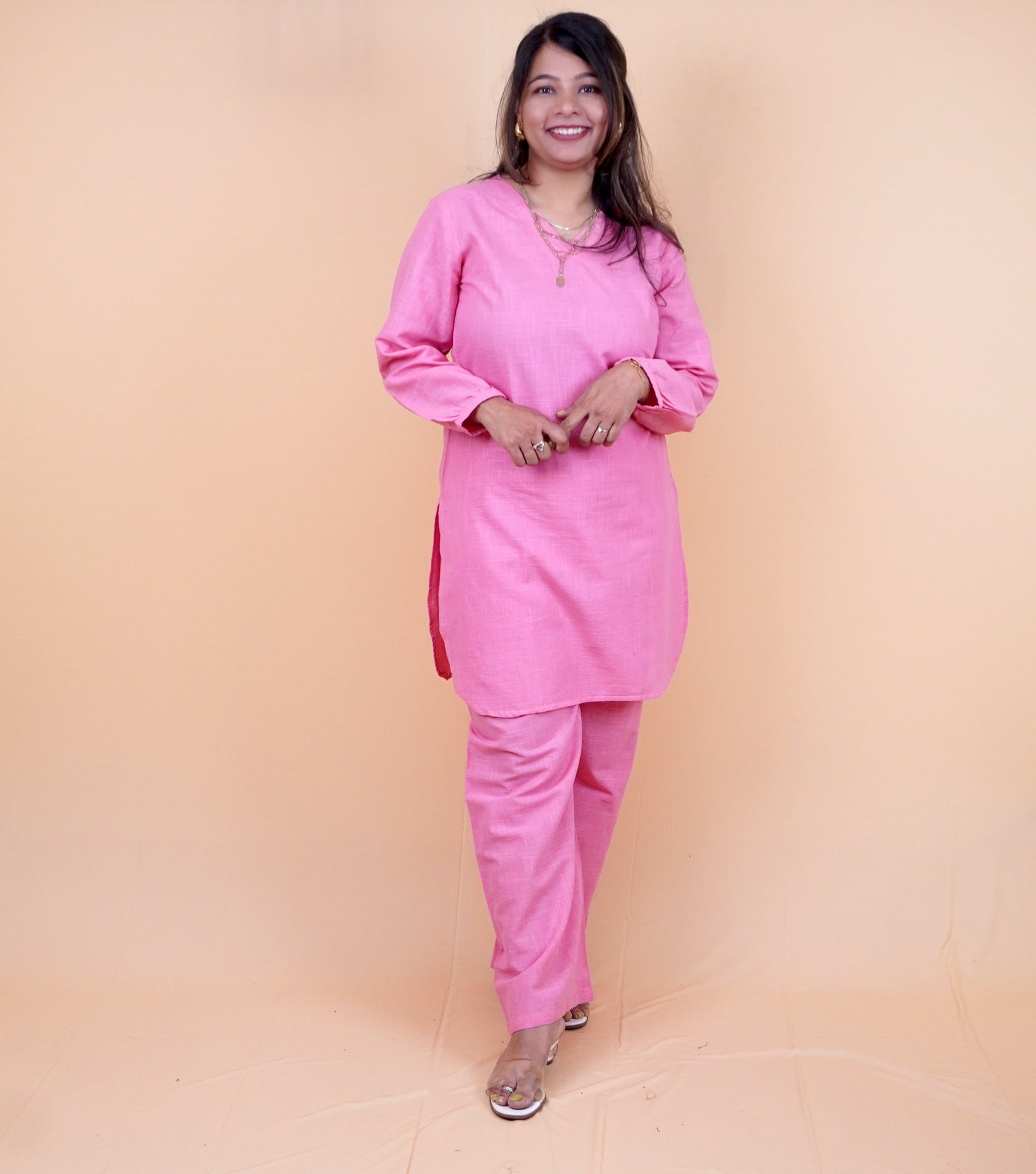 Pure Linen Magenta Pink Coord set with cute Boho Sleeves