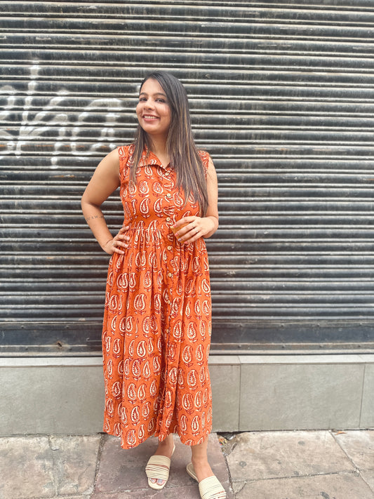 Rust Orange Hand-Block Printed Sleeveless Dress