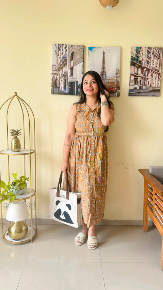 Beige dress for everyday with Handblock Machli Print on Cotton