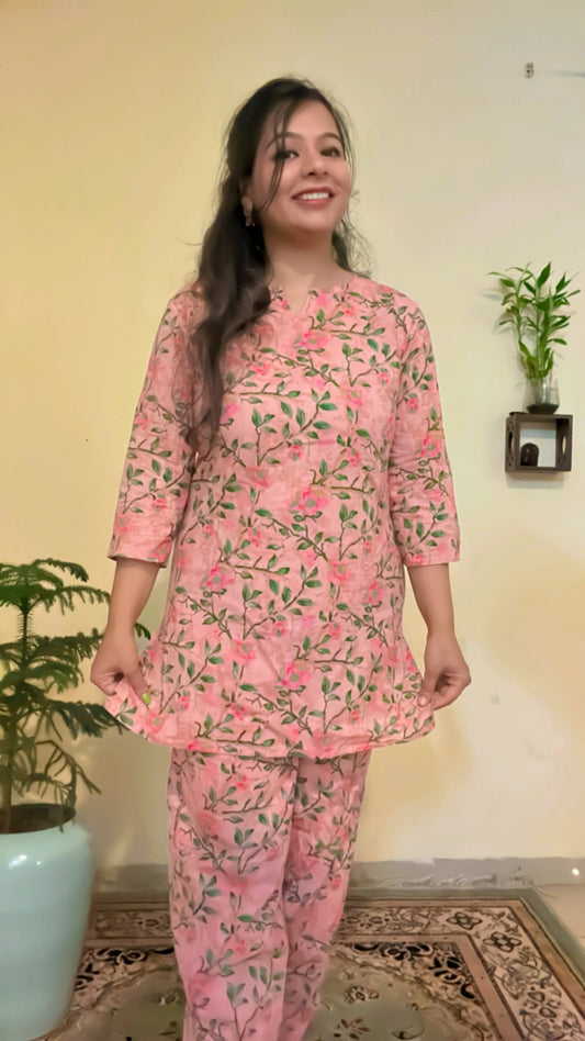 Bageecha “Baby-Pink Coord Set with Flower and Leaves Hand-block printed on it