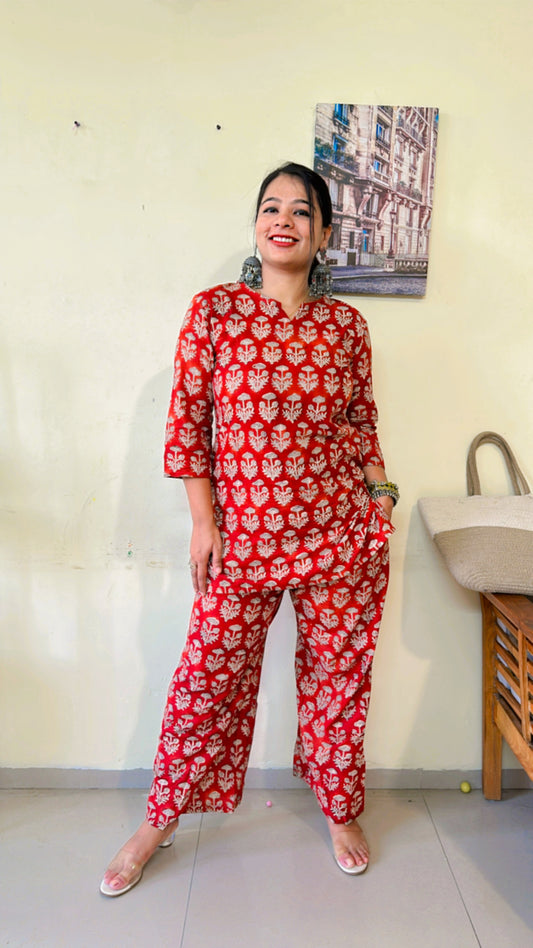 Royal Red Coord set with Flower Hand-block Print