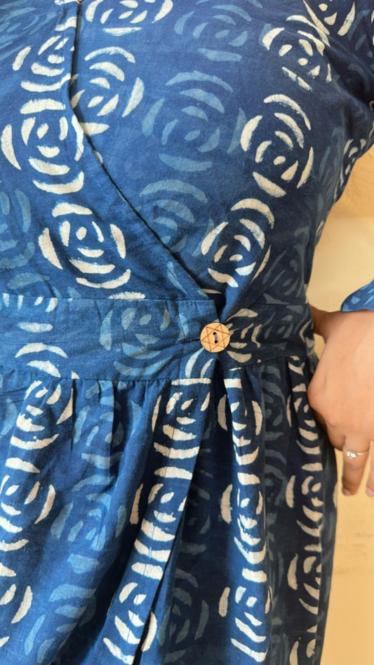 Indigo-Blue Angrakha Flower Block Printed Dress