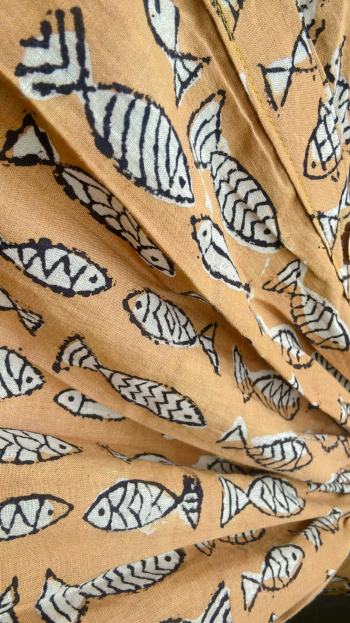 Beige dress for everyday with Handblock Machli Print on Cotton