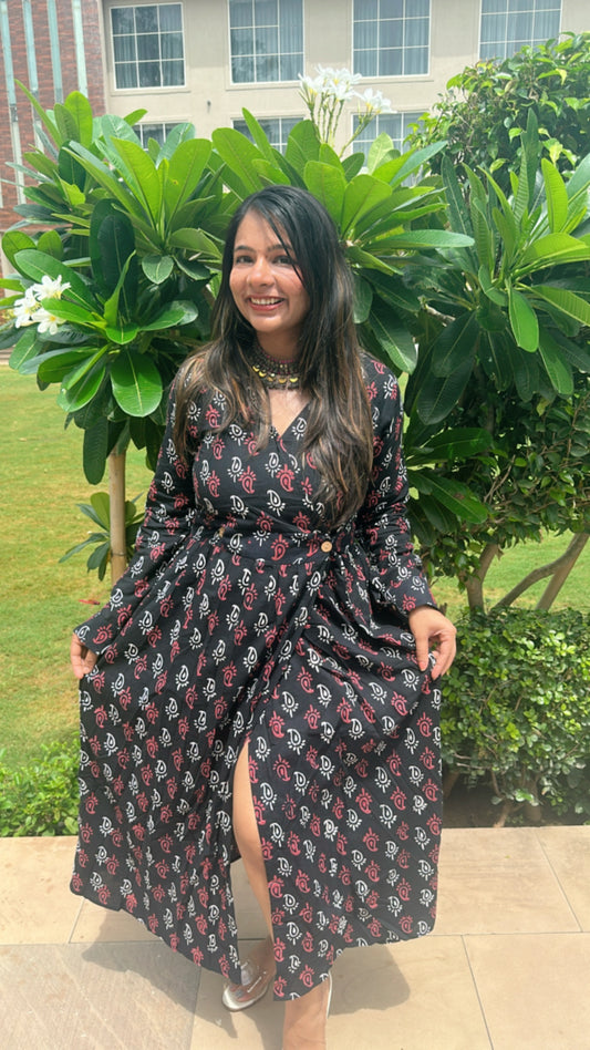 Black Dress for Vacation with Slit made with Hand-block Print and Pure Cotton