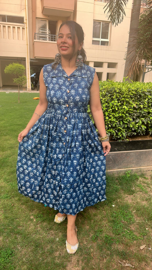 Indigo Blue Hand-Block Printed Cotton Dress